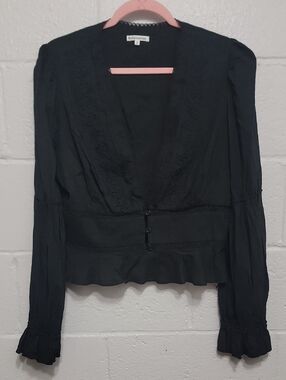 Reformation Whimsygoth Black Deep V-Neck Eyelet-Trim Long Sleeve Blouse
